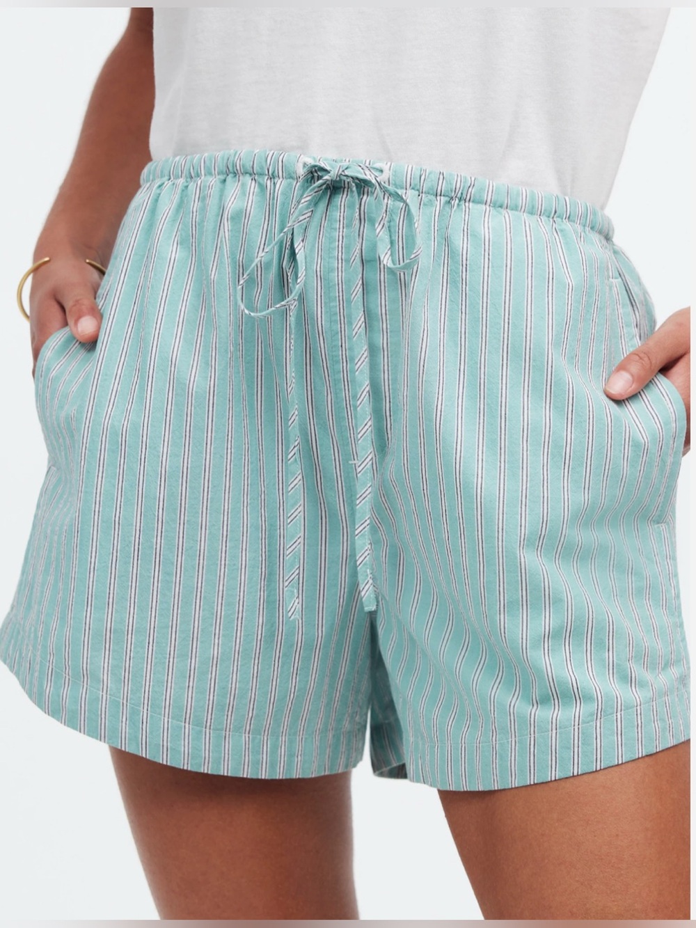 Madewell Stripe Drawstring Pull-On High-Rise Short, Dusty Verdigris Green, Small
